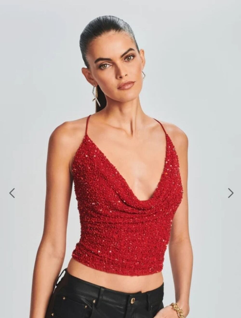 Retrofete Michal Sequin Top in Red Cowl Neck Size XXL Criss Cross Straps NWOT